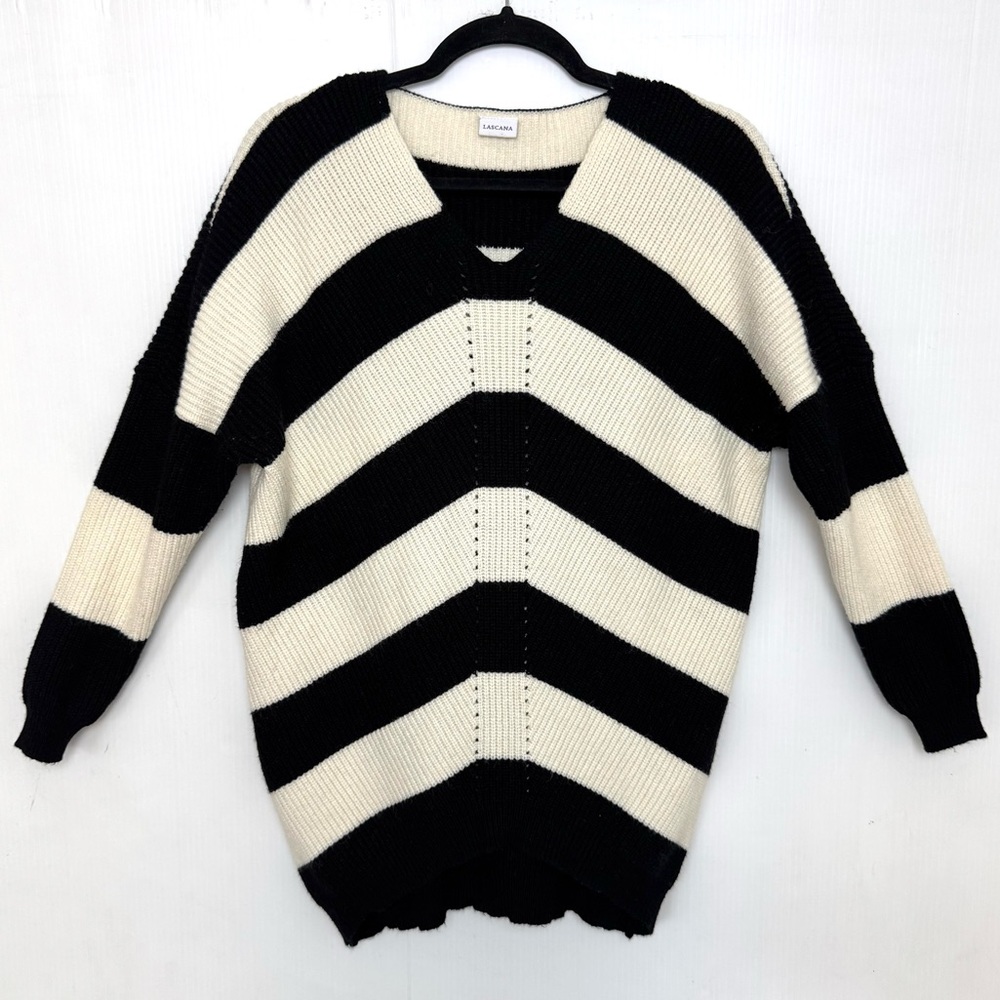 LASCANA Black and Cream Chevron V-Neck Wool blend Sweater Small